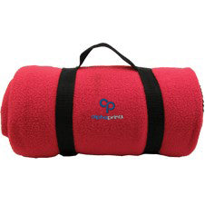 Red rolled fleece travel blanket with carrying handle, featuring an embroidered 'alphaprints' logo on the front