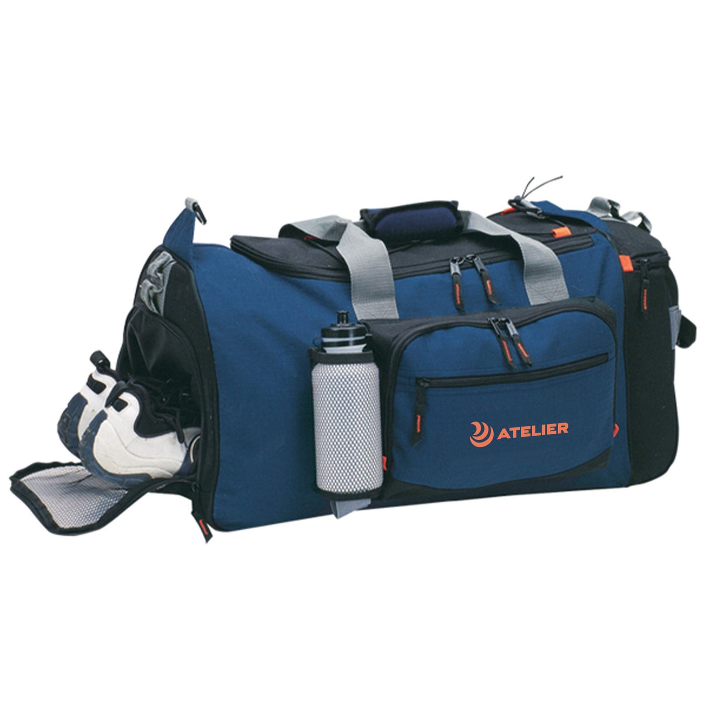 Blue and black duffel bag with logo, shoe compartment, water bottle holder, and multiple zippered pockets