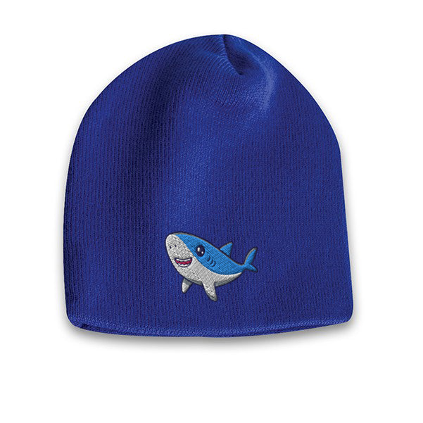 Royal blue acrylic knit beanie featuring a cute embroidered cartoon shark logo on the front