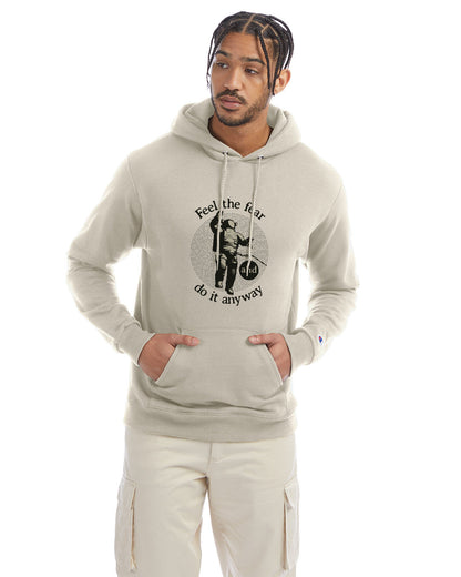 Sand Champion hoodie with “Feel the fear and do it anyway” graphic