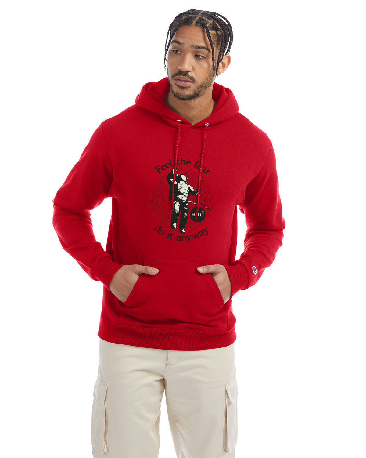 Scarlet Champion hoodie with “Feel the fear and do it anyway” graphic