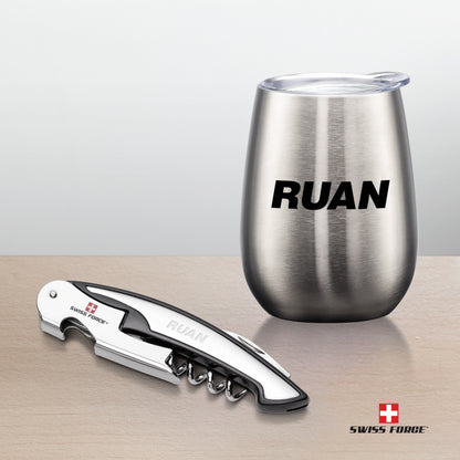 Swiss Force® Rosette Wine Gift Set featuring a stainless steel wine tumbler with 'RUAN' printed logo and a laser-engraved corkscrew bottle opener, both presented on a wooden surface