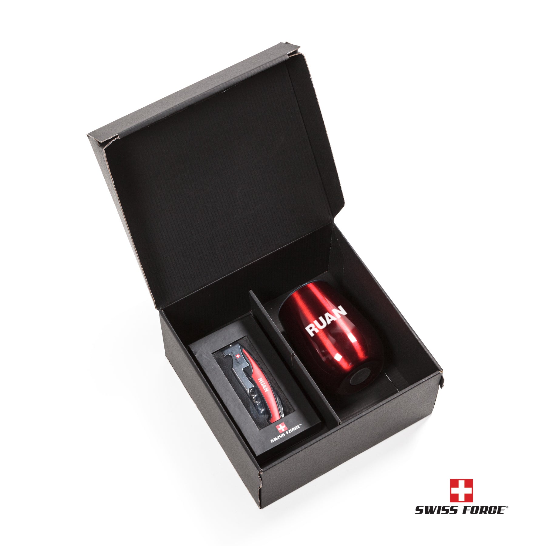 Swiss Force® Rosette Wine Gift Set in an open black gift box, featuring a red stainless steel tumbler with white 'RUAN' branding and a matching red and silver corkscrew, securely packed in custom compartments.