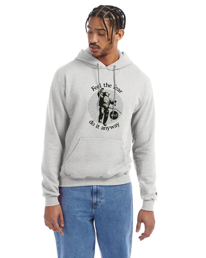Silver grey Champion hoodie with “Feel the fear and do it anyway” graphic