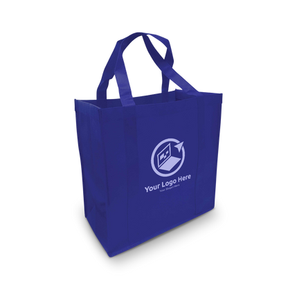 Blue reusable non-woven tote bag with customized white logo and slogan on the front.