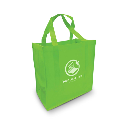 Lime green reusable non-woven tote bag with customized white logo and slogan on the front.