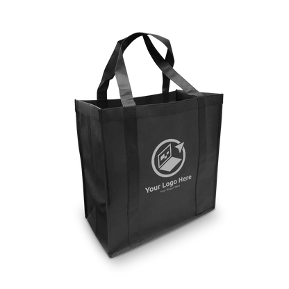 Black reusable non-woven tote bag with customized white logo and slogan on the front.