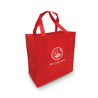 Red reusable non-woven tote bag with customized white logo and slogan on the front.
