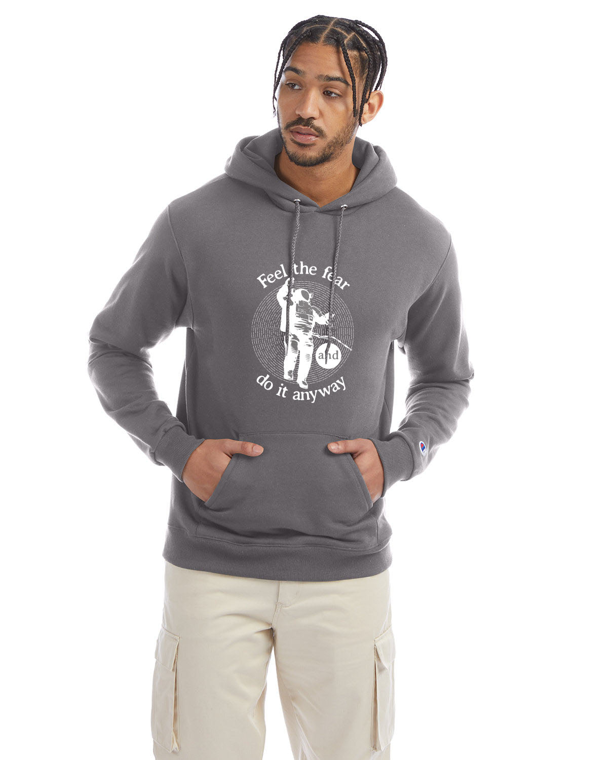 Stone gray Champion hoodie with “Feel the fear and do it anyway” graphic