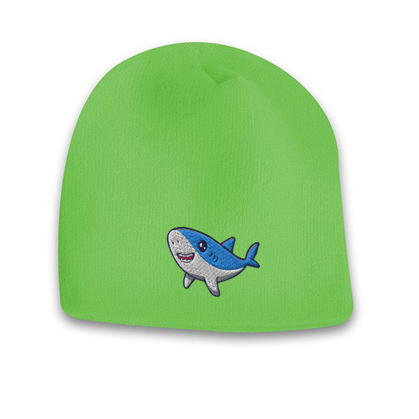 Light green acrylic knit beanie featuring a cute embroidered cartoon shark logo on the front.