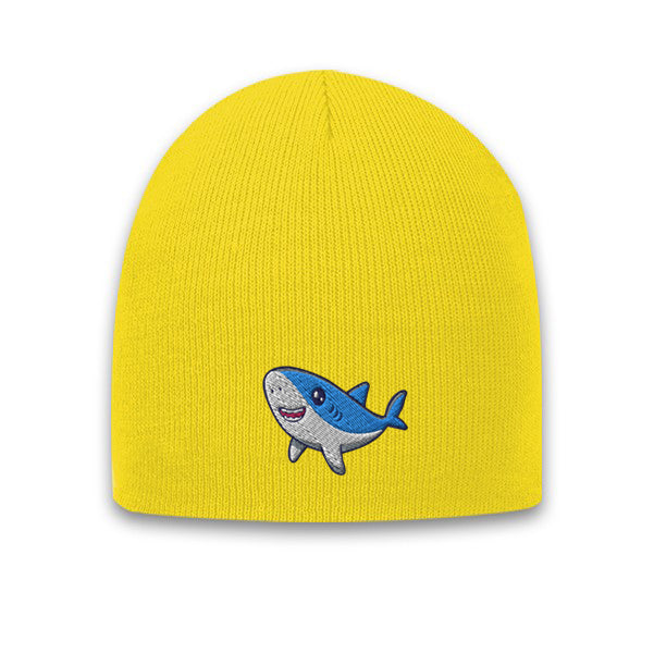 Yellow acrylic knit beanie featuring a cute embroidered cartoon shark logo on the front