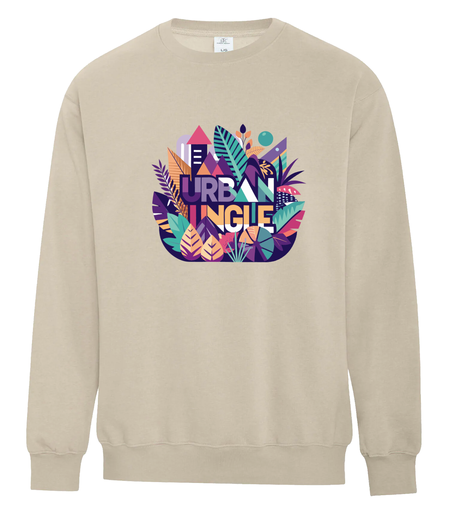 Front view of a beige crewneck sweatshirt featuring a colorful printed 'Urban Jungle' graphic with leaves, buildings, and abstract elements in vibrant purple, teal, and orange hues.