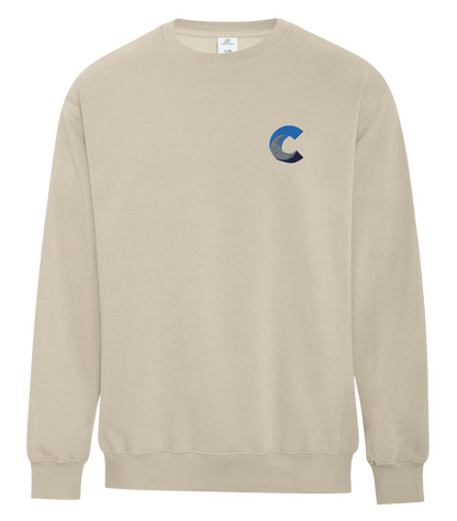 Front view of a beige crewneck sweatshirt with a customized embroidered blue 'C' logo on the left chest, shown against a transparent background