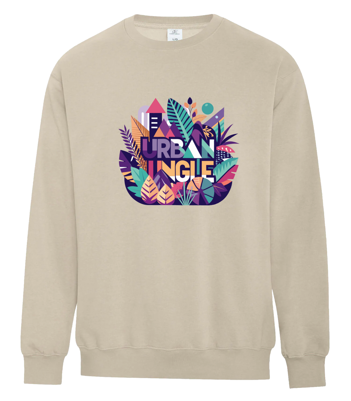 Natural beige crewneck sweatshirt featuring a bold 'Urban Jungle' graphic in the center, showcasing colorful foliage, abstract buildings, and playful typography in purple, orange, teal, and magenta hues.