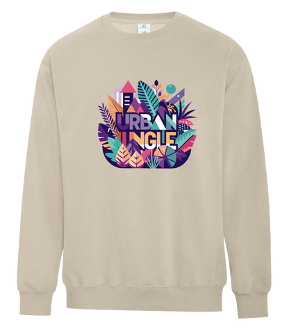 Natural beige crewneck sweatshirt featuring a bold 'Urban Jungle' graphic in the center, showcasing colorful foliage, abstract buildings, and playful typography in purple, orange, teal, and magenta hues.