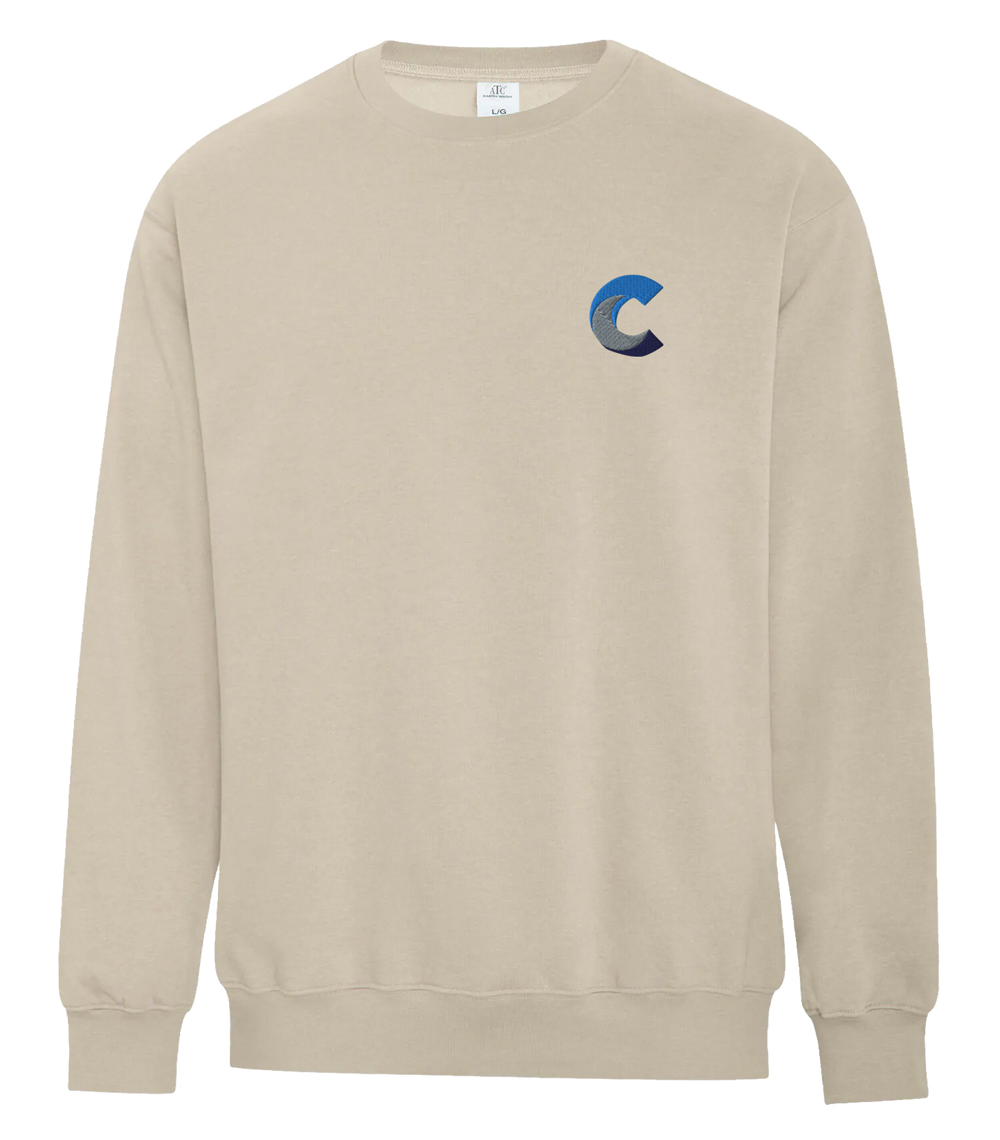 Beige crewneck fleece sweatshirt featuring a small embroidered blue wave and letter 'C' logo on the left chest