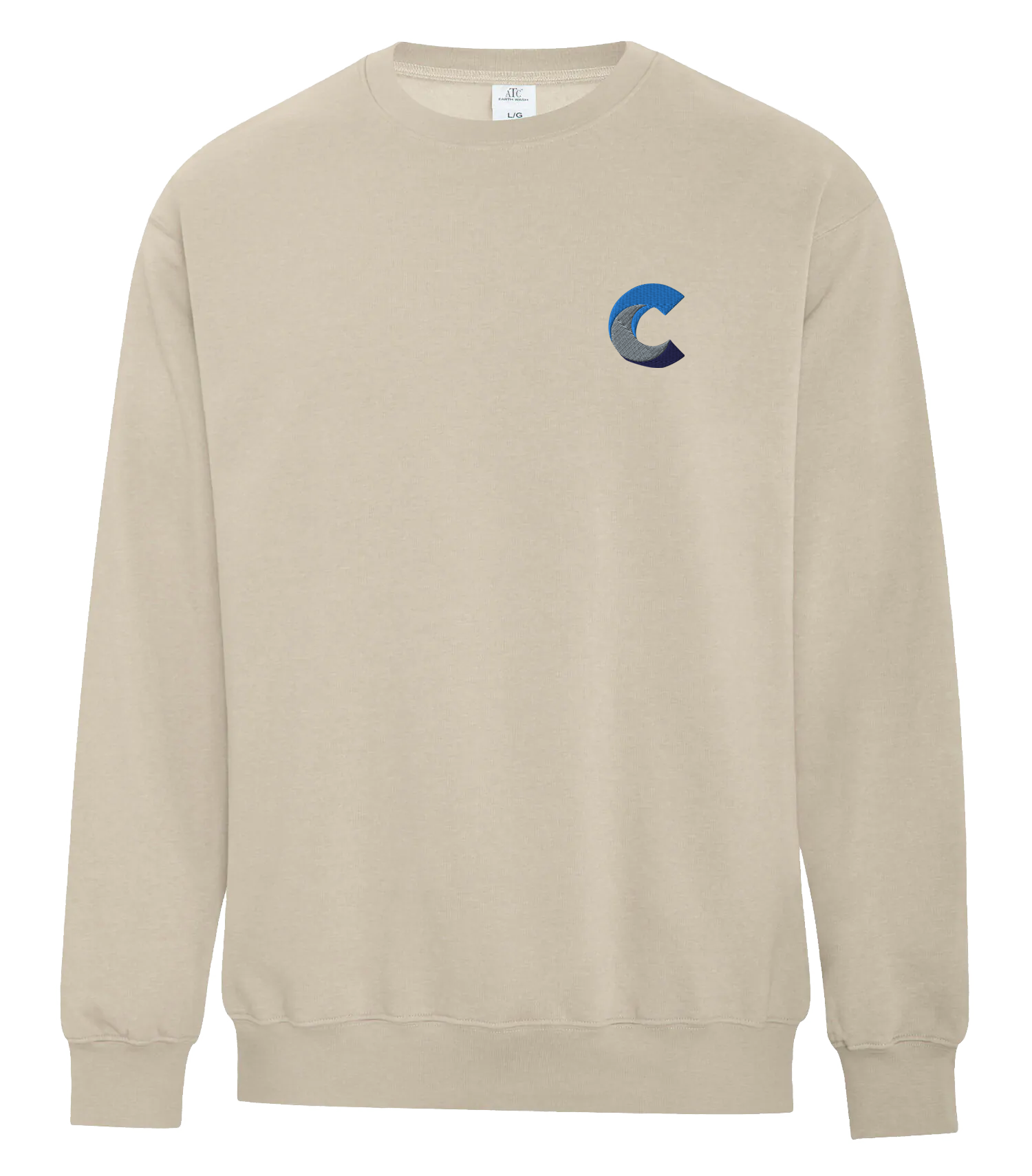 Beige crewneck fleece sweatshirt featuring a small embroidered blue wave and letter 'C' logo on the left chest