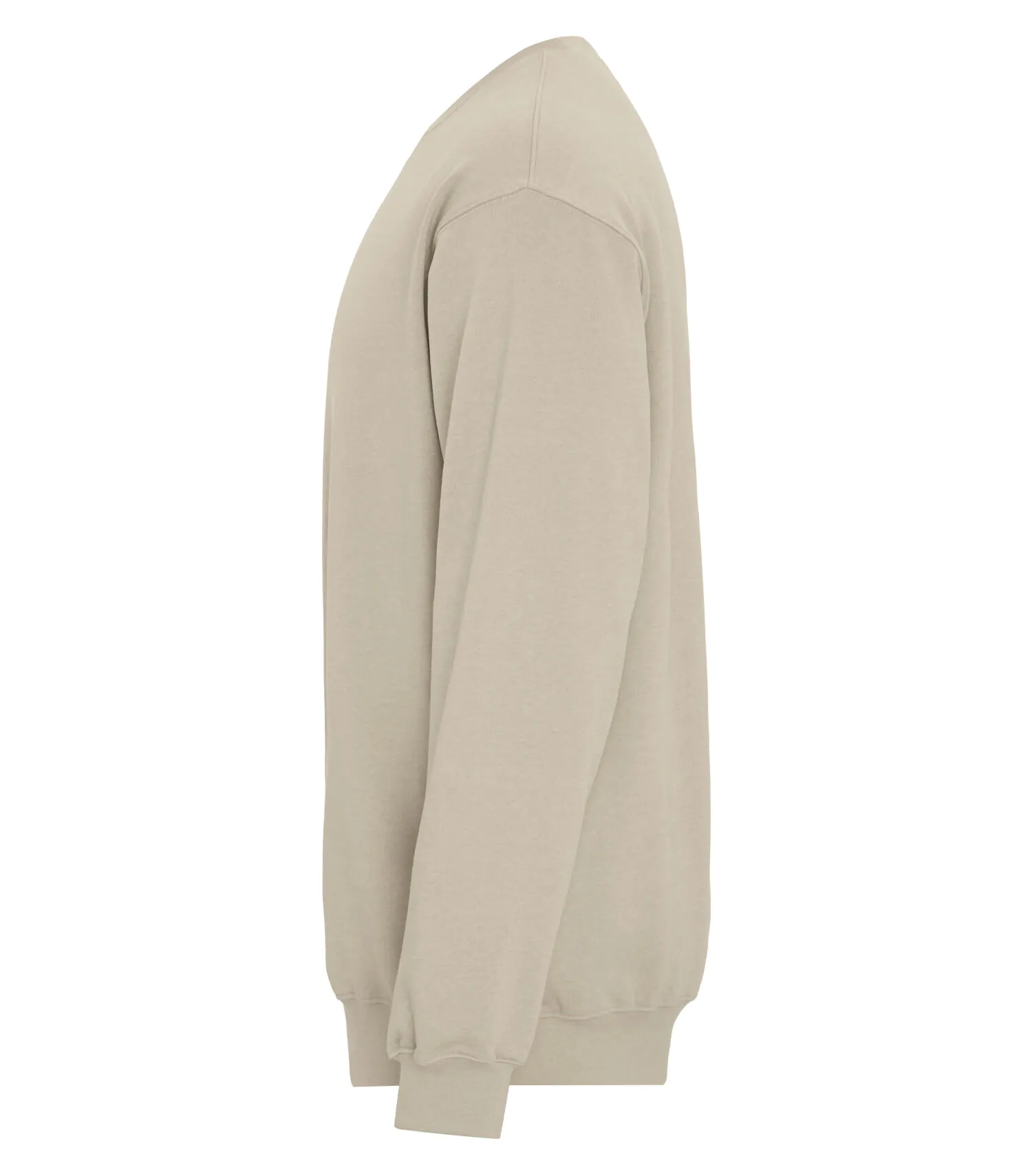 Side view of a beige crewneck fleece sweatshirt with long sleeves and ribbed cuffs and hem.