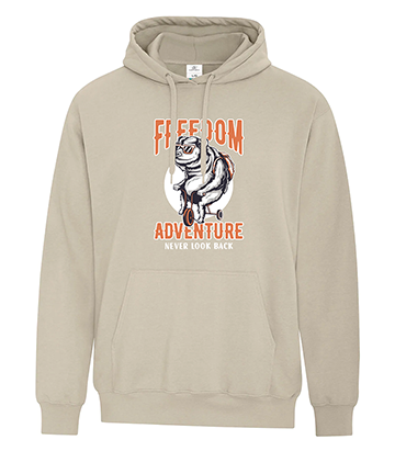 Beige fleece hoodie featuring a graphic of a bear riding a bicycle in front of a full moon, with bold orange and white text that reads 'FREEDOM ADVENTURE – Never Look Back'.