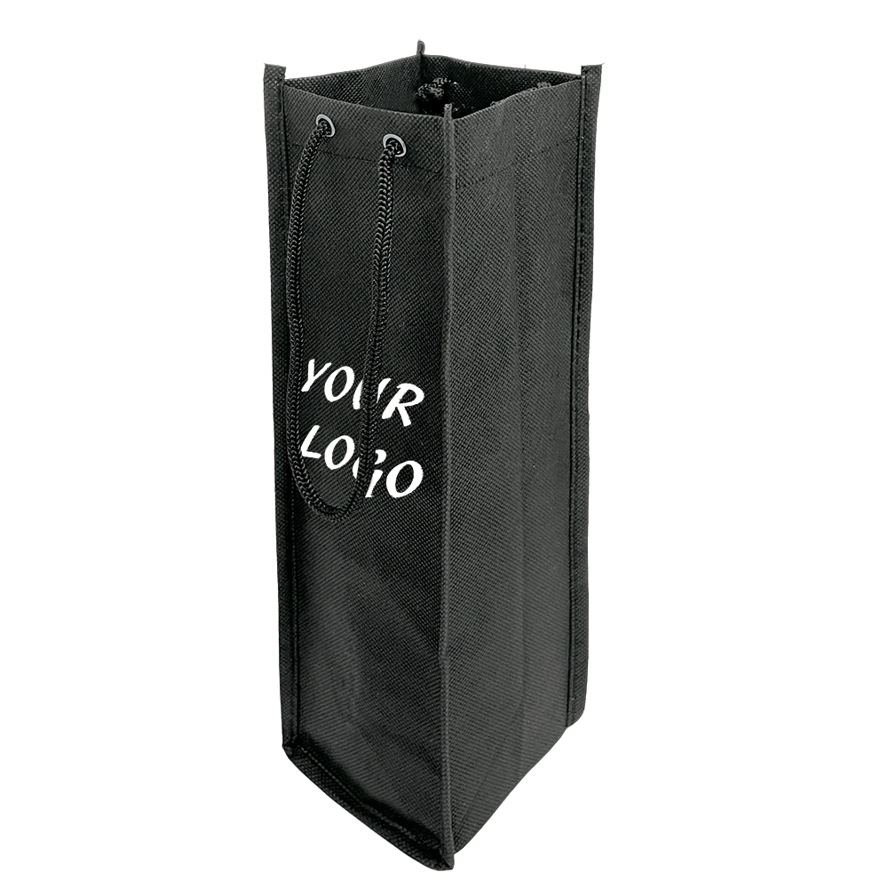 Black reusable wine bottle gift bag with rope handles