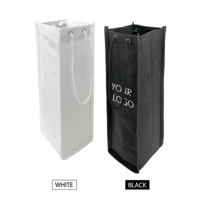 White and black reusable wine bottle gift bags with rope handles