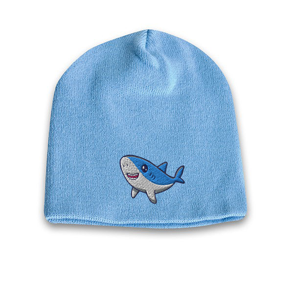 Sky blue acrylic knit beanie featuring a cute embroidered cartoon shark logo on the front