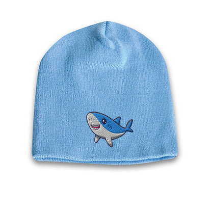 Sky blue acrylic knit beanie featuring a cute embroidered cartoon shark logo on the front