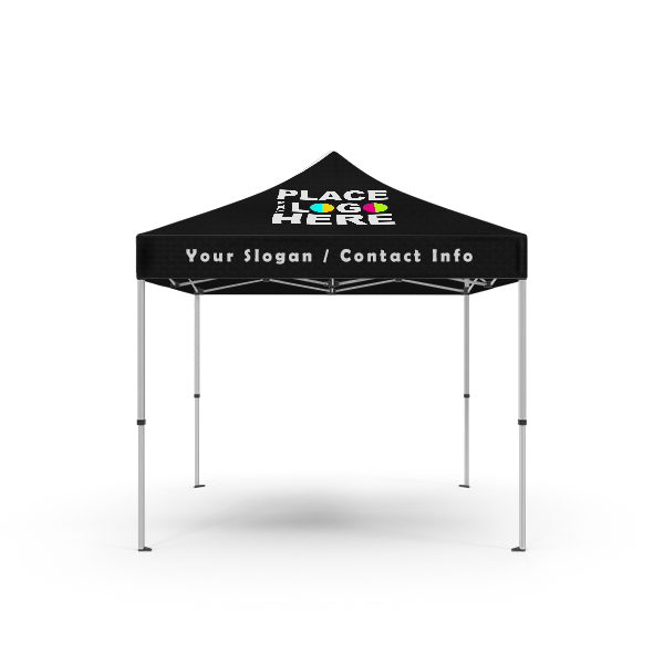 Black 10ft x 10ft customizable canopy tent with pop-up aluminum frame, displaying placeholder text "PLACE LOGO HERE" on the canopy peak and "Your Slogan / Contact Info" on the valance.