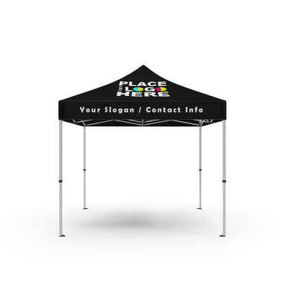 Black 10ft x 10ft customizable canopy tent with pop-up aluminum frame, displaying placeholder text "PLACE LOGO HERE" on the canopy peak and "Your Slogan / Contact Info" on the valance.