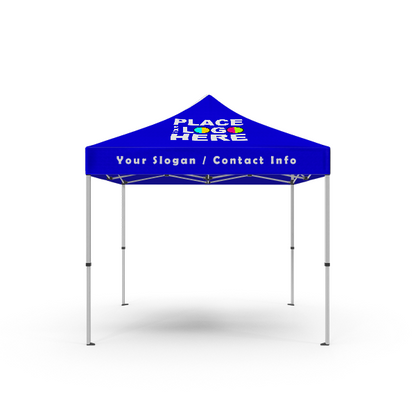 Blue 10ft x 10ft custom canopy tent with aluminum pop-up frame, featuring placeholder text "PLACE LOGO HERE" on the peak and "Your Slogan / Contact Info" on the valance.