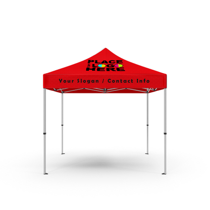 Red 10ft x 10ft custom canopy tent with aluminum pop-up frame, featuring the placeholder text "PLACE LOGO HERE" on the canopy peak and "Your Slogan / Contact Info" on the front valance.