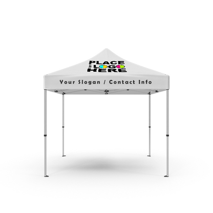 White 10ft x 10ft customizable canopy tent with a pop-up aluminum frame, featuring placeholder text "PLACE LOGO HERE" on the peak and "Your Slogan / Contact Info" on the front valance.