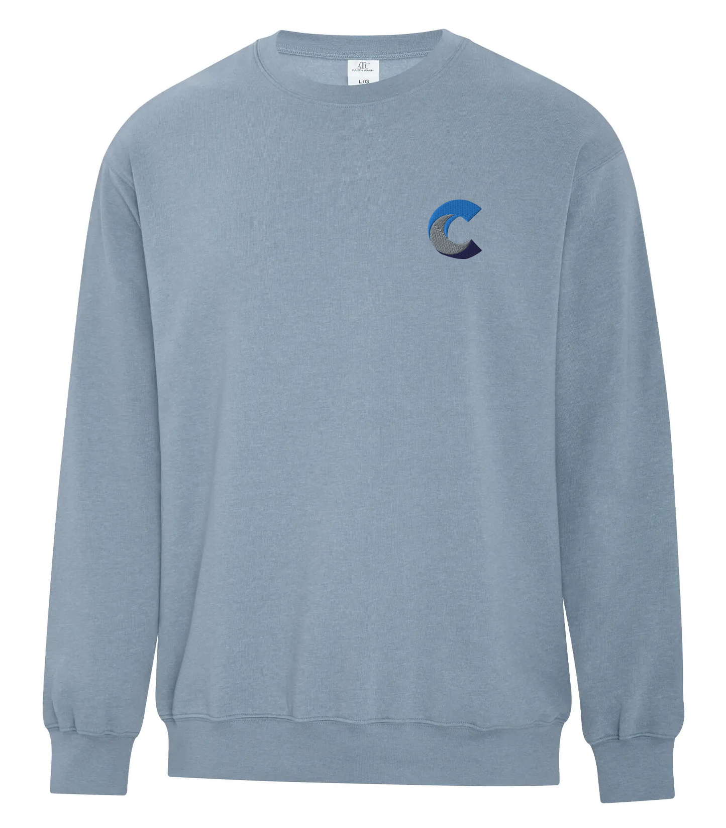 Front view of a light blue crewneck sweatshirt with a customized embroidered blue 'C' logo on the left chest, displayed against a white background