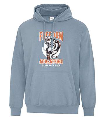 Light blue fleece hoodie featuring a bear on a bicycle graphic in front of a full moon, with bold orange and white text reading 'FREEDOM ADVENTURE – Never Look Back'.