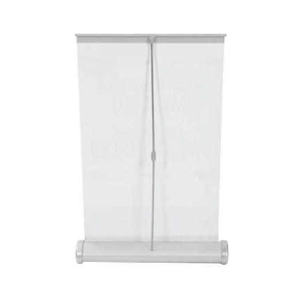 Back view of mini tabletop pull-up banner with support pole and silver base