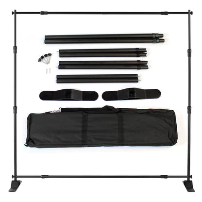 Telescopic backdrop stand kit with adjustable poles, base feet, carry bag, and hardware accessories