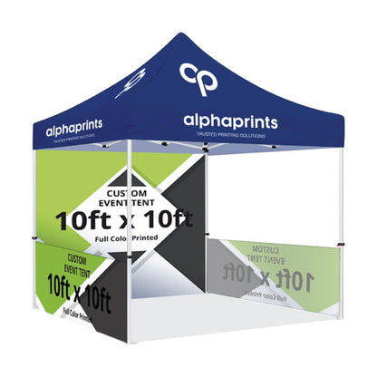 Custom 10ft x 10ft full-color sublimation printed event tent with a heavy-duty aluminum frame. Features branded 'alphaprints' logo on the blue canopy and green-black graphic panels on three sides, designed for outdoor promotional use.