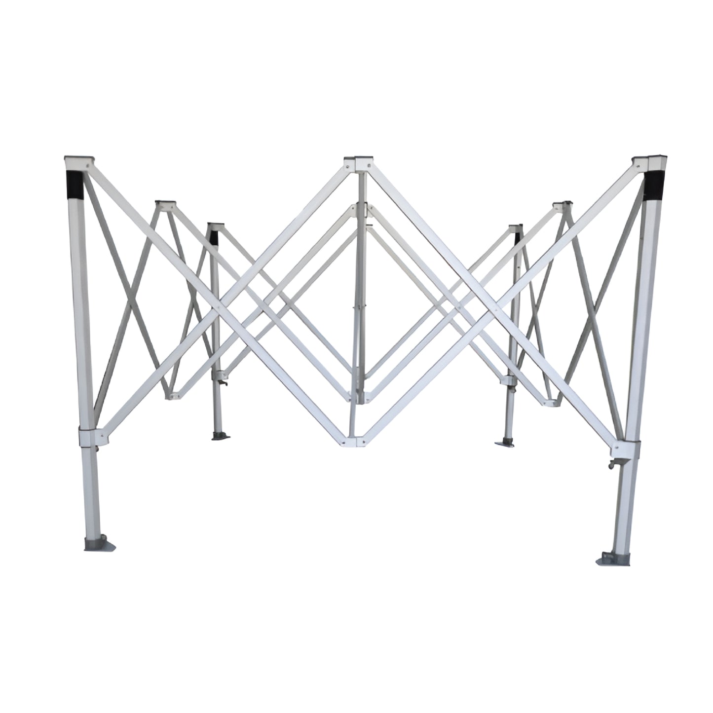Aluminum pop-up frame structure for a 10ft x 10ft event tent, partially expanded, showcasing the cross-brace design for stability and easy setup