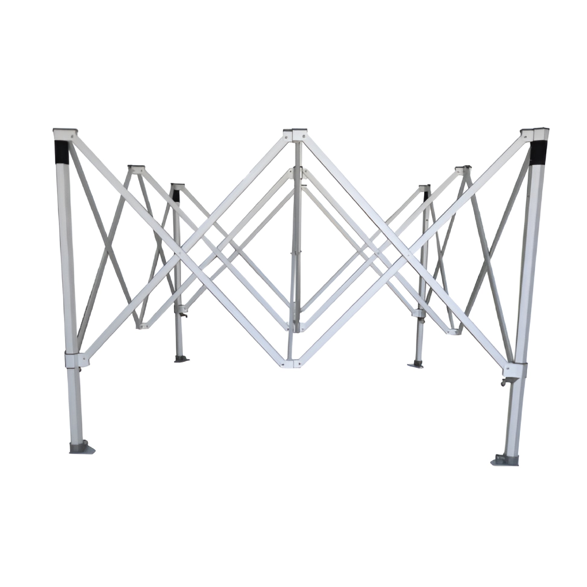 Aluminum pop-up frame structure for a 10ft x 10ft event tent, partially expanded, showcasing the cross-brace design for stability and easy setup