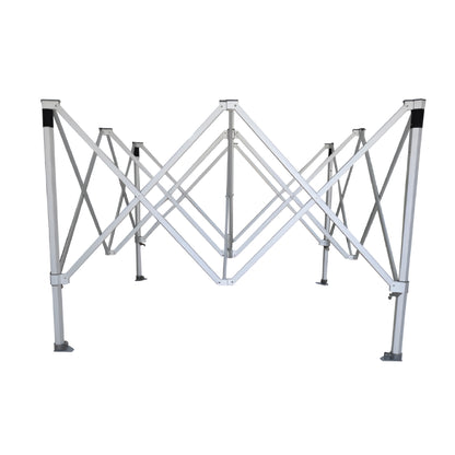 Aluminum pop-up frame structure for a 10ft x 10ft event tent, partially expanded, showcasing the cross-brace design for stability and easy setup