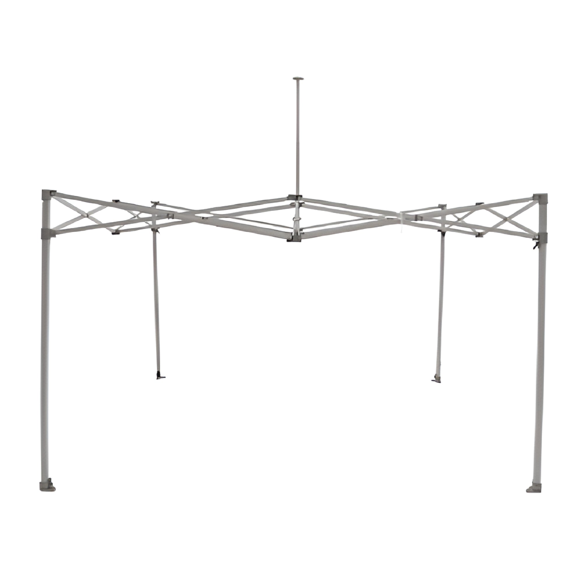 Fully extended aluminum frame for a 10ft x 10ft event canopy tent, showing the top central support pole and reinforced crossbars for roof stability.