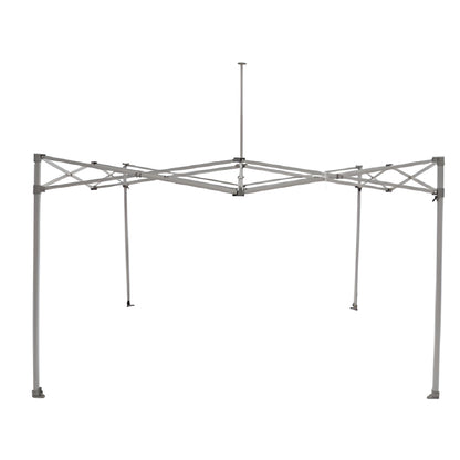 Fully extended aluminum frame for a 10ft x 10ft event canopy tent, showing the top central support pole and reinforced crossbars for roof stability.