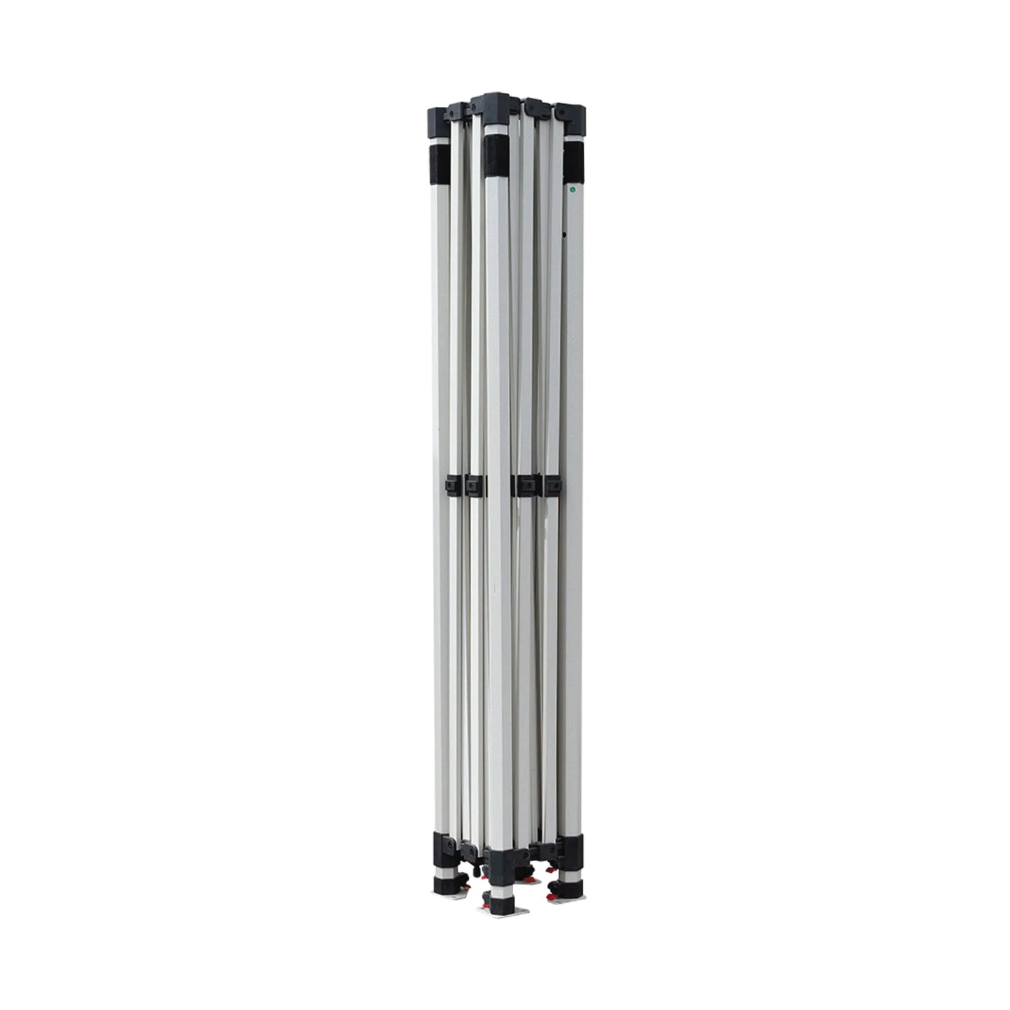 Collapsed aluminum tent frame in upright position, designed for easy transport and storage of a 10ft x 10ft event canopy