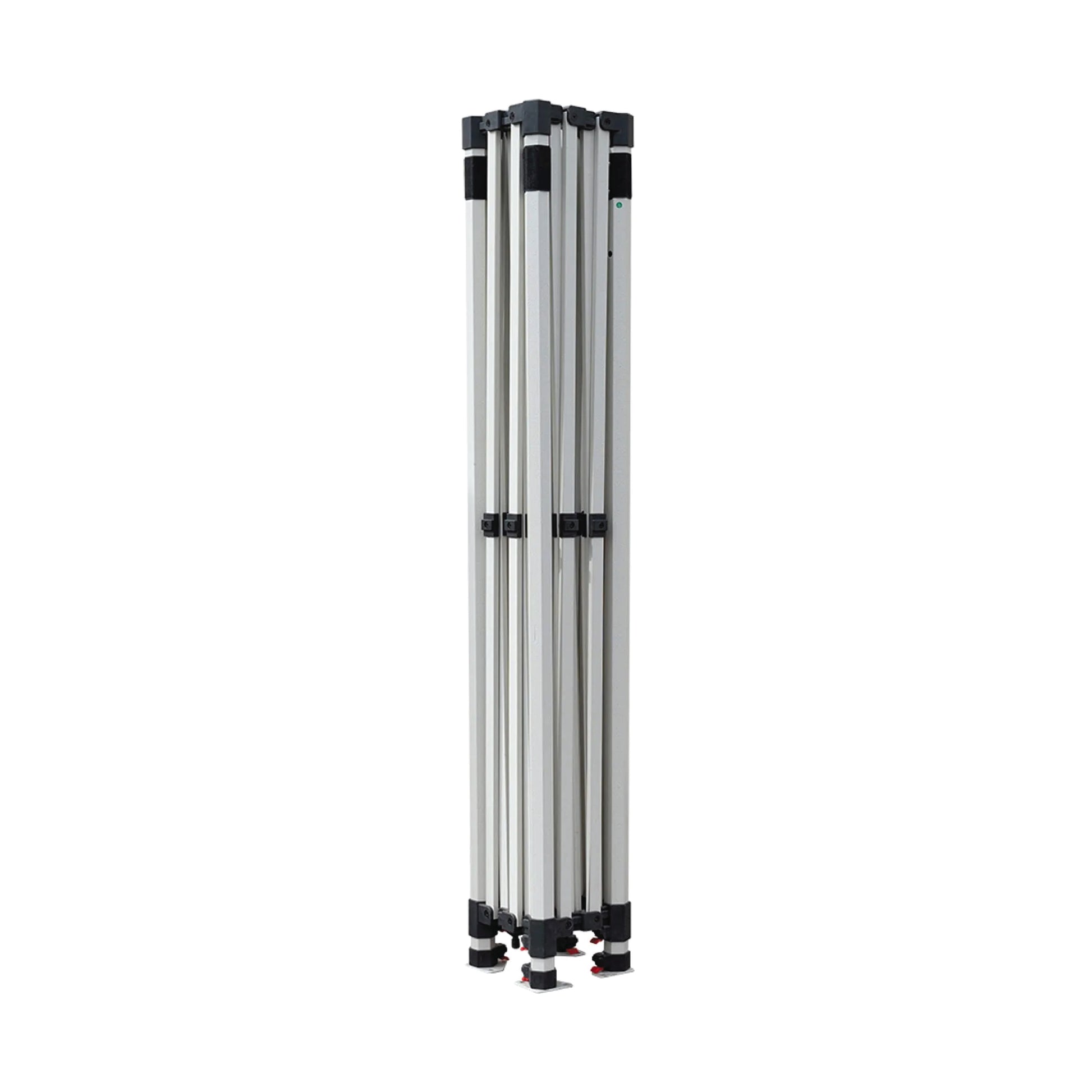 Collapsed aluminum tent frame in upright position, designed for easy transport and storage of a 10ft x 10ft event canopy