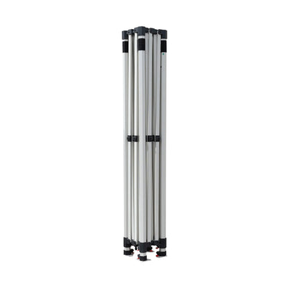 Collapsed aluminum tent frame in upright position, designed for easy transport and storage of a 10ft x 10ft event canopy