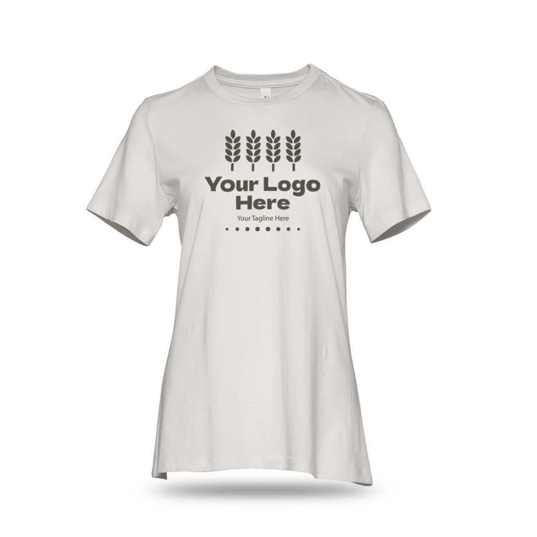 Vintage white Bella + Canvas BCB6400 ladies' jersey short-sleeve T-shirt with custom white logo and text.