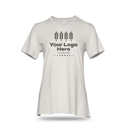 Vintage white Bella + Canvas BCB6400 ladies' jersey short-sleeve T-shirt with custom white logo and text.