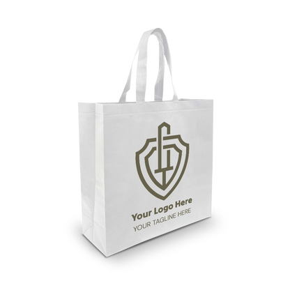 White reusable tote bag with a white shield-style custom logo and space for a tagline on the front.