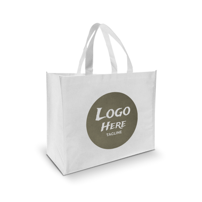  White reusable tote bag with dual handles, featuring a large circular area on the front for a custom logo and tagline