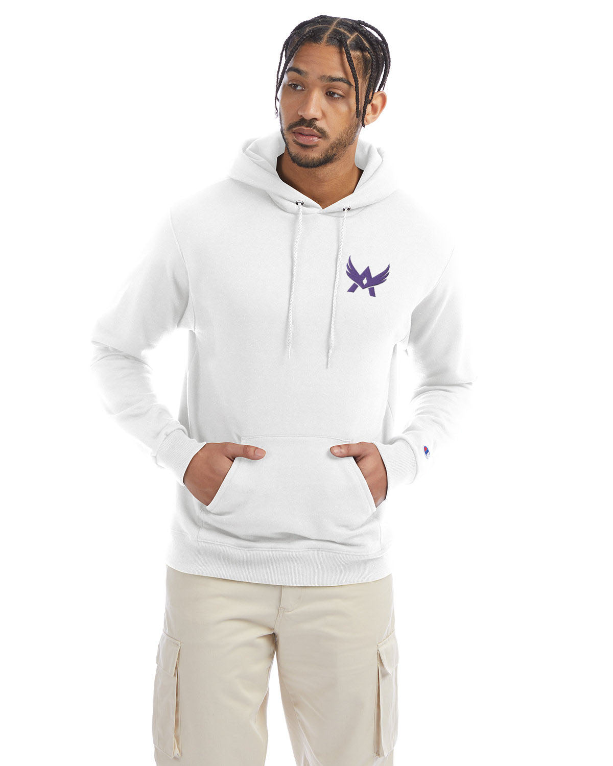 Model wearing a white Champion hoodie with a front kangaroo pocket and a purple abstract winged logo on the left chest